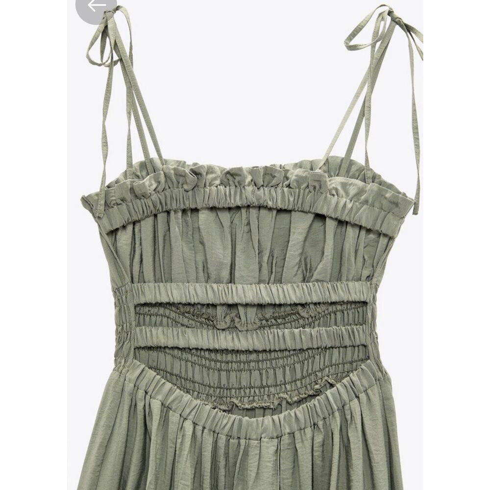 Zara Green Open Elastic Ruffle Back Spaghetti Strap Midi Dress - Picture 6 of 13